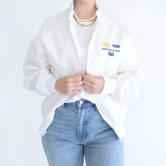 Vintage 80 King Louie Pro Fit White Ford Zip Up Hidden Hood Windbreaker Jacket M - Picture 2 of 11